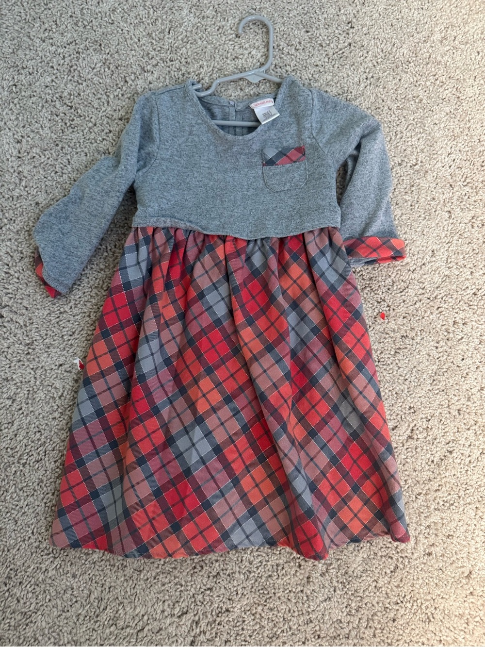 Youngland Gray Knit Top with Red and Orange Plaid Skirt Dress